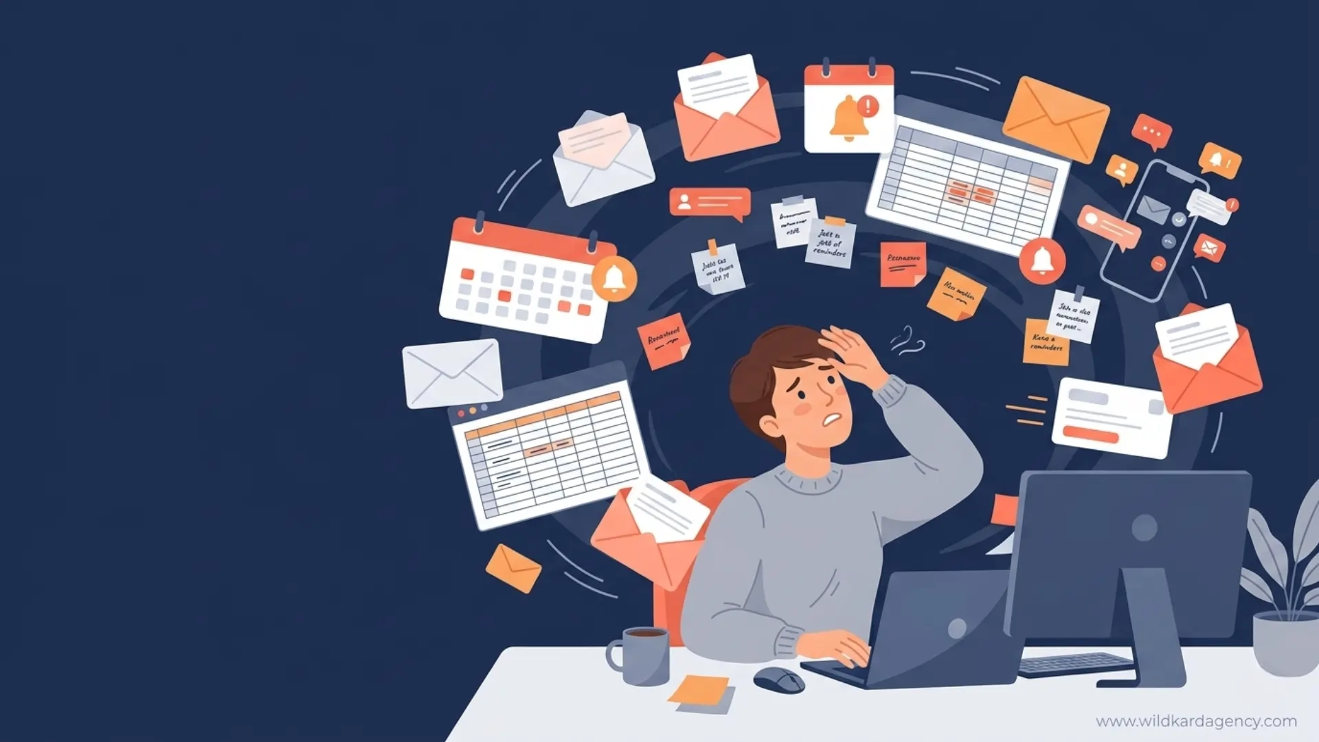 Signs you need a virtual assistant — overwhelmed business owner surrounded by admin tasks