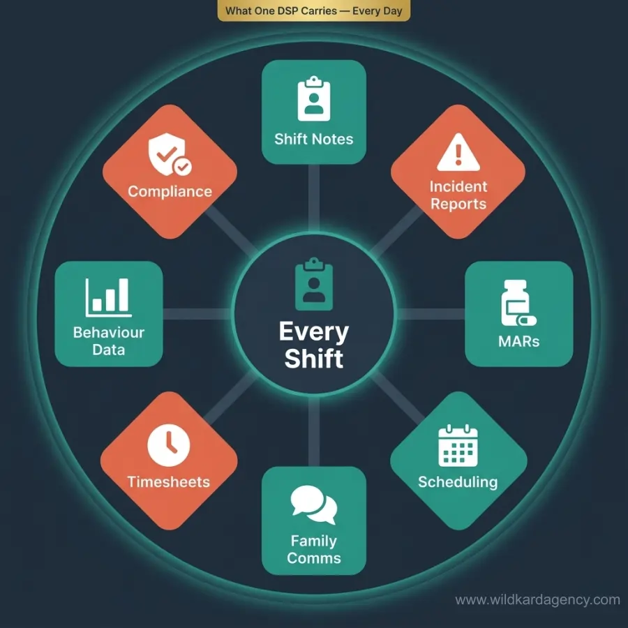 Radial diagram showing the eight administrative tasks a direct support professional carries every shift, including shift notes, MARs, and incident reports