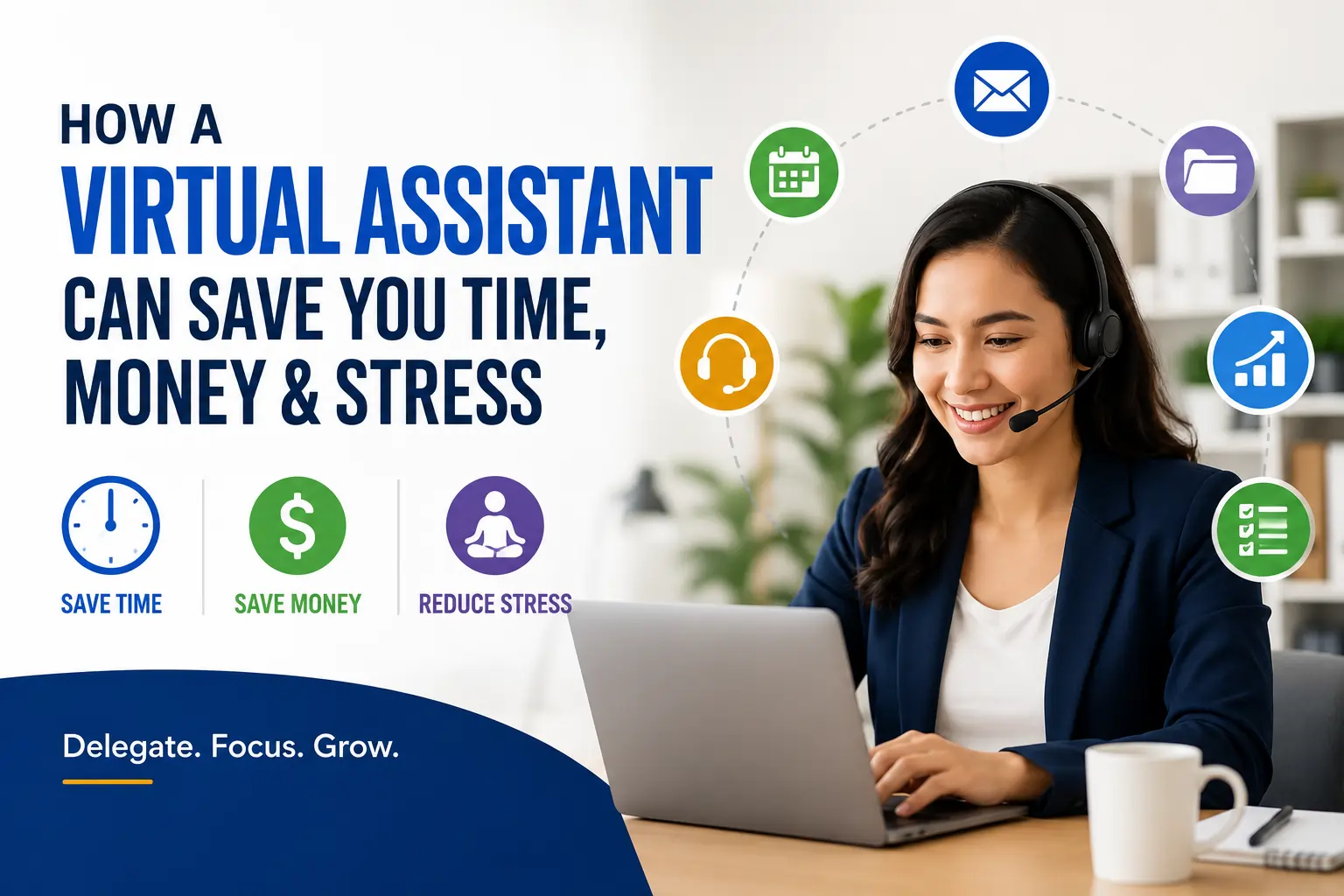 Professional featured image illustrating how virtual assistants help small businesses save time, reduce costs, and improve productivity.