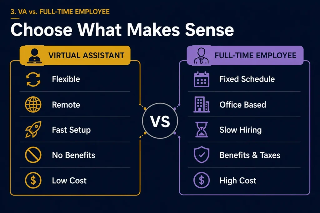 Side-by-side comparison of a virtual assistant and a full-time employee, including flexibility, hiring speed, benefits, and costs.