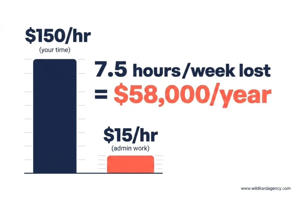 Chart showing the cost of admin overwhelm: $150/hr vs $15/hr admin work
