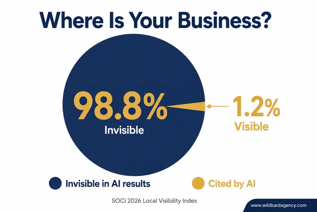 Pie chart showing 98.8% of businesses are invisible in AI-generated recommendations with only 1.2% cited by ChatGPT - SOCi 2026 data