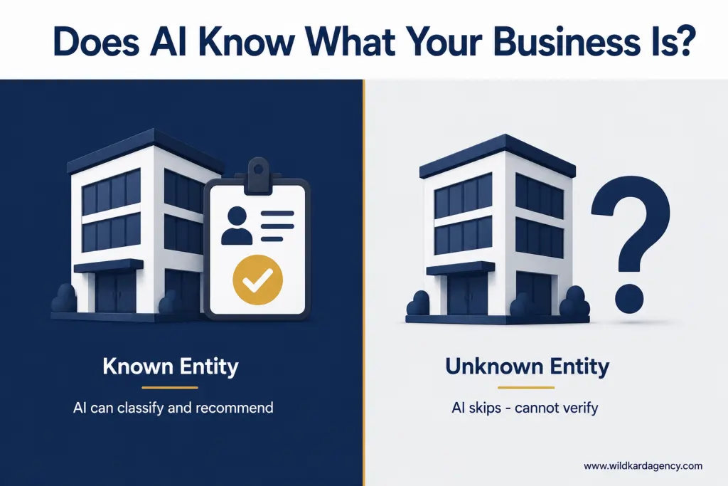 Split diagram showing a known entity with schema markup that AI can classify versus an unknown entity with a question mark that AI skips when making recommendations