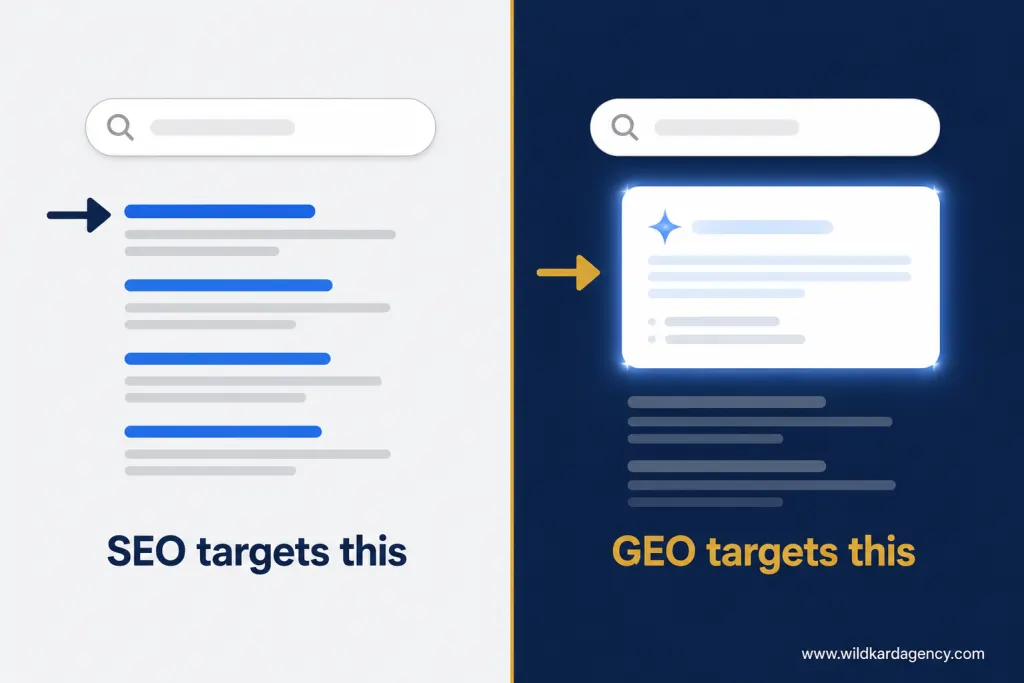 Split diagram comparing traditional SEO targeting ranked links versus GEO targeting AI-generated answer blocks in search results