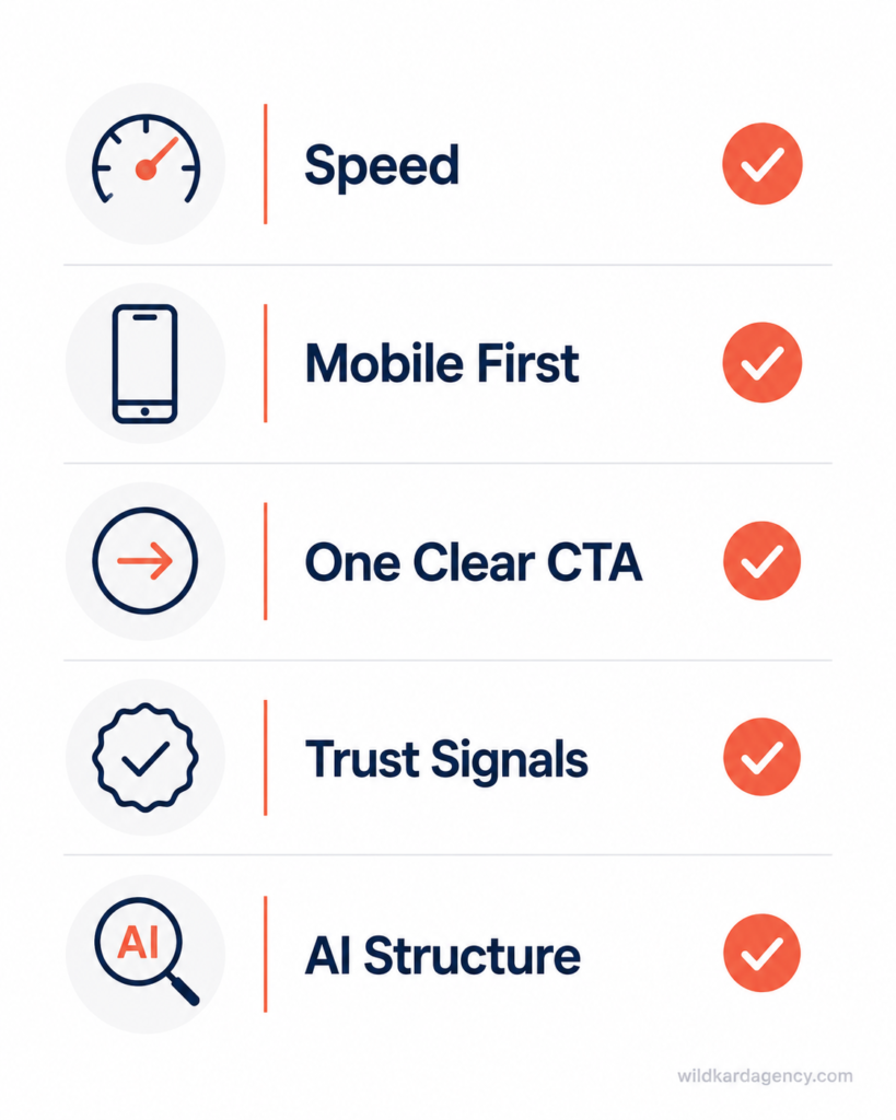 Checklist of the five factors that fix common small business website mistakes and improve conversion