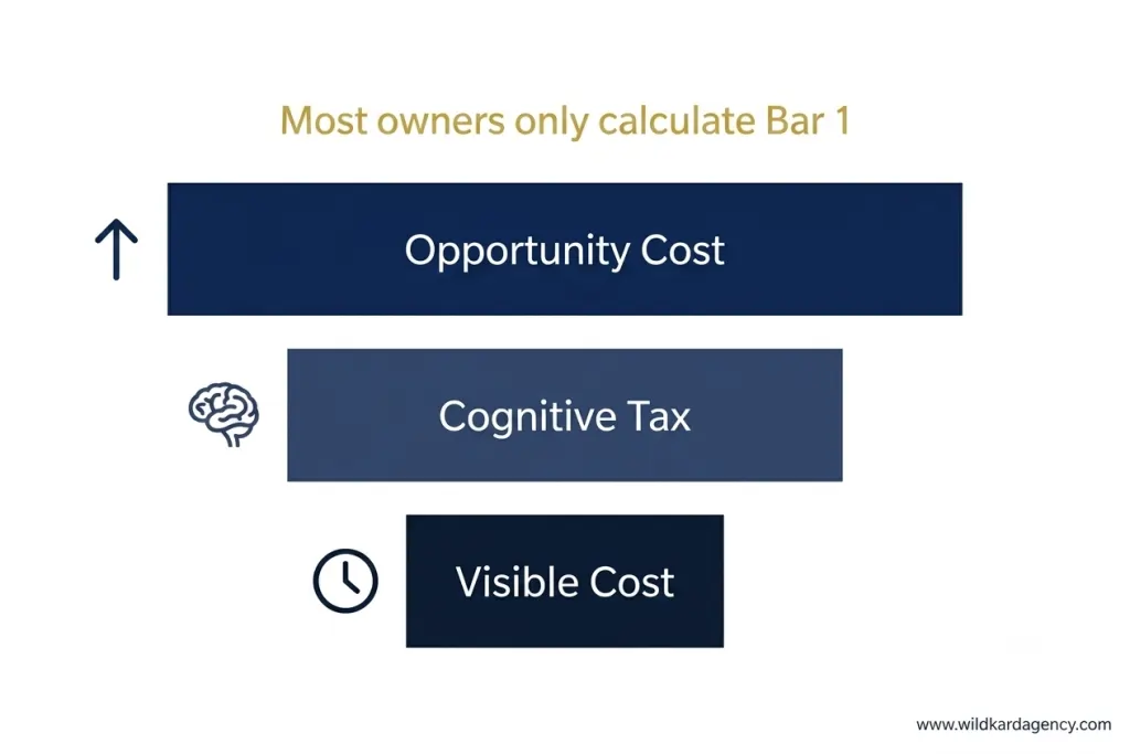 Stacked bar infographic showing three layers of admin work cost - visible cost, cognitive tax, and opportunity cost