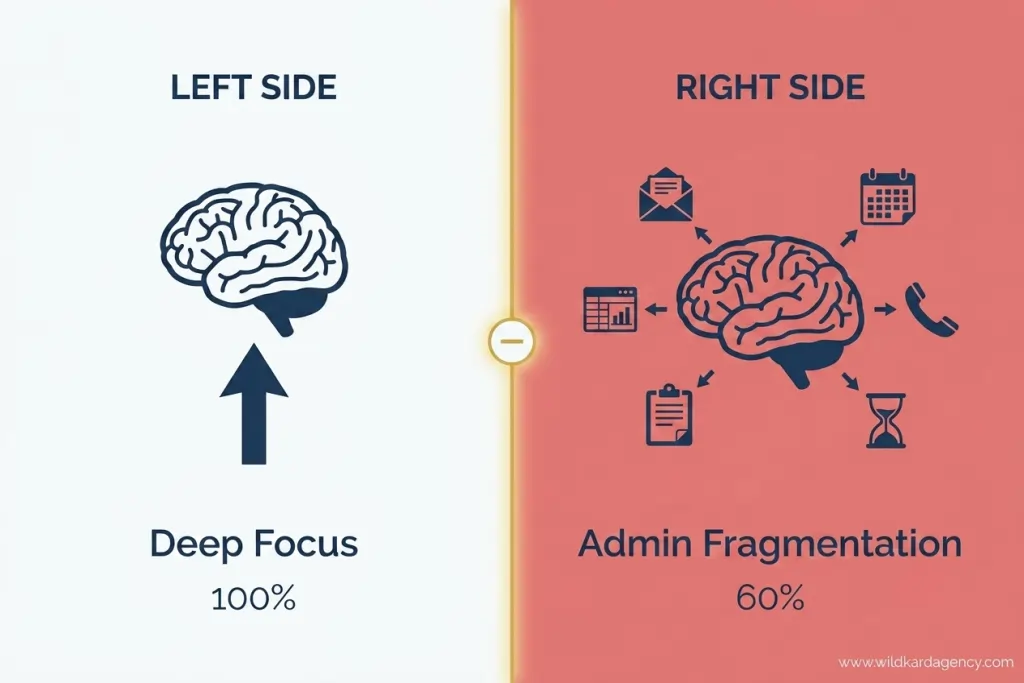 Split infographic showing deep focus at 100% output versus admin task switching reducing output to 60%