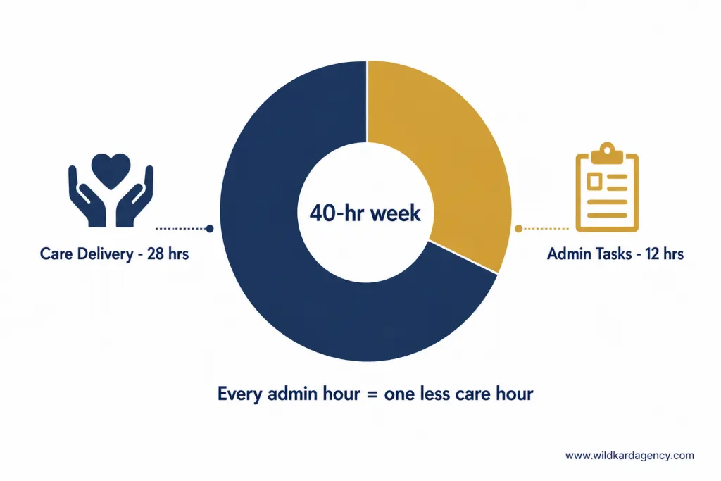 Donut chart showing DSP 40-hour week split - 28 hours care delivery versus 12 hours admin tasks in a care agency