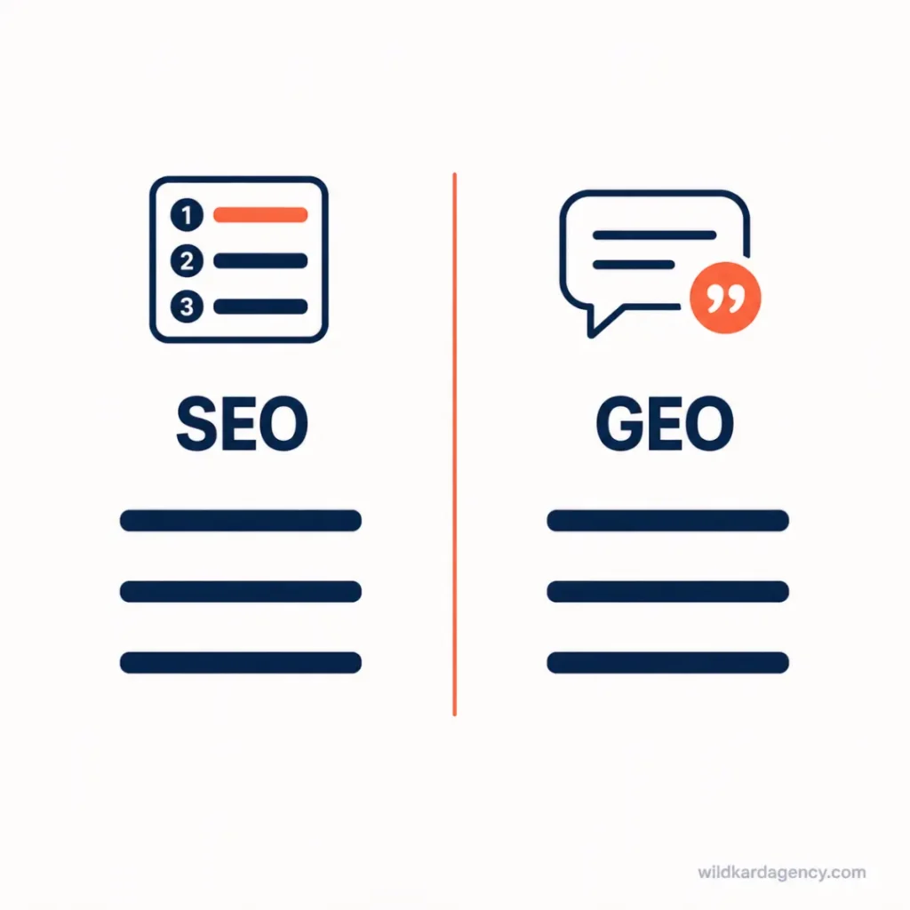 SEO vs GEO comparison showing ranked search results next to AI answer citations