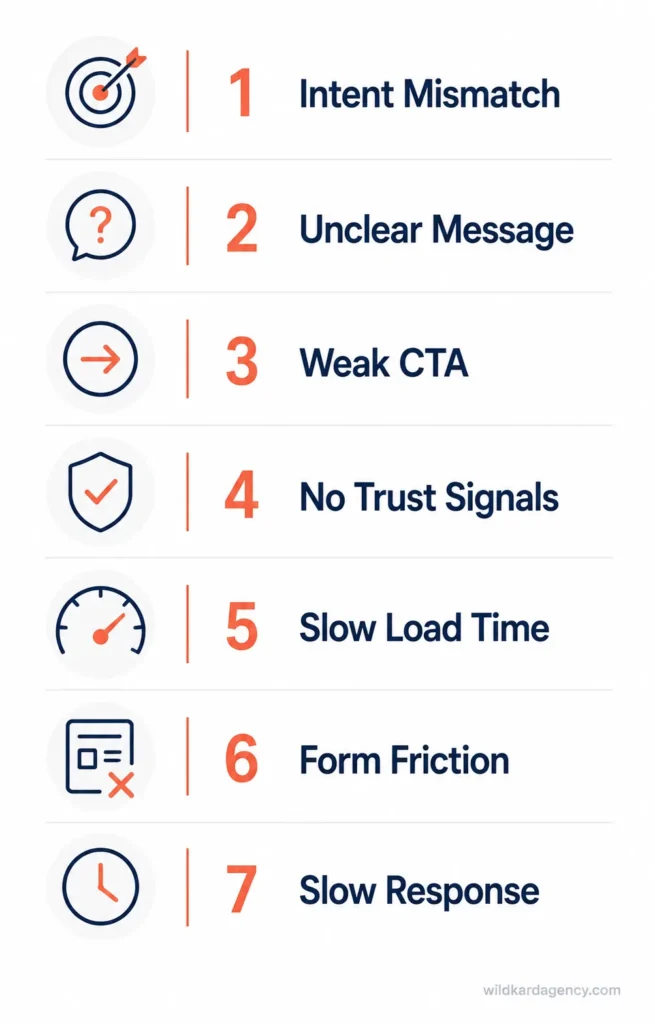 Checklist of seven reasons a website is not converting including intent mismatch, weak calls to action, and slow load times