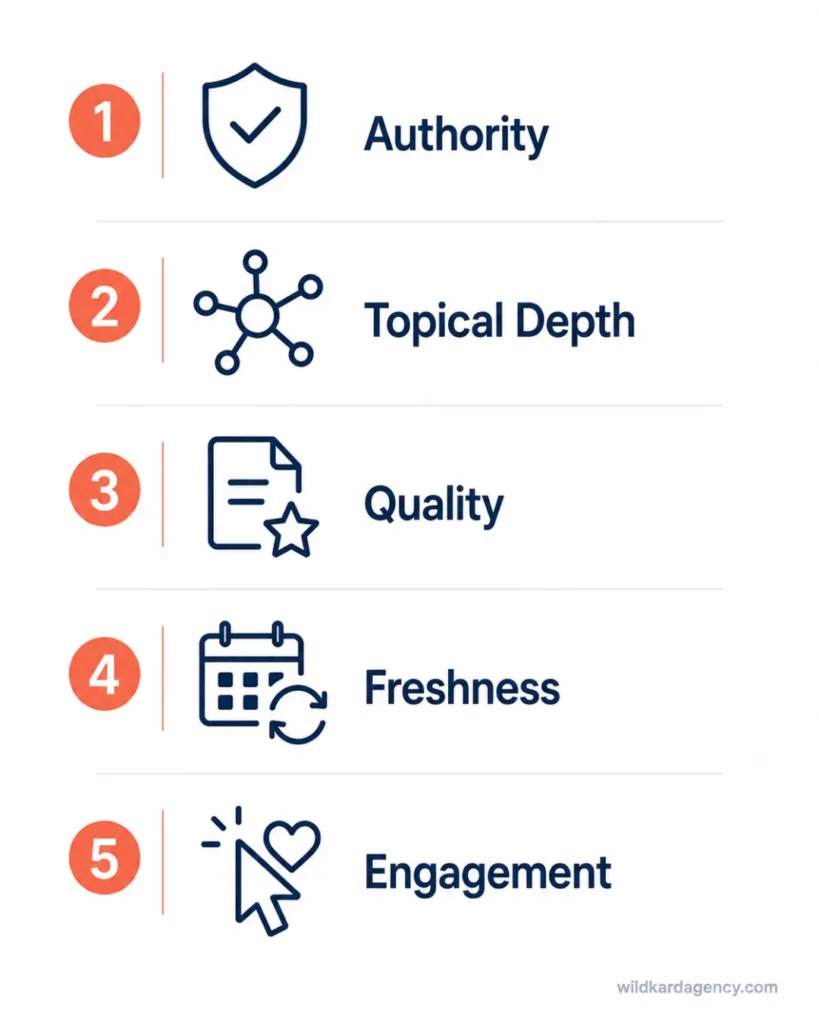 Checklist of the five Google ranking factors that matter in 2026 including authority, quality, and freshness