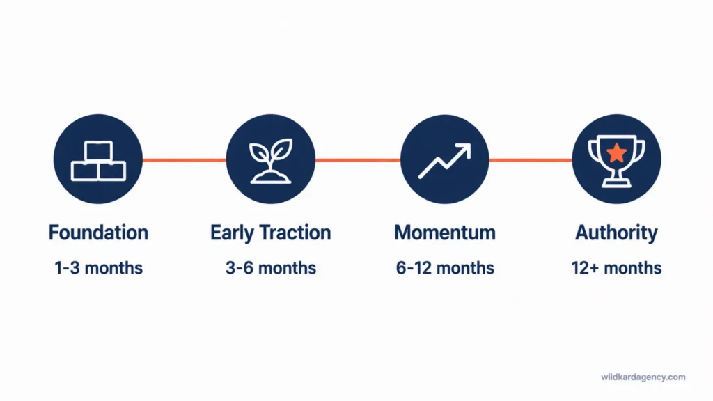 Timeline showing the four phases of SEO and GEO results from foundation to authority