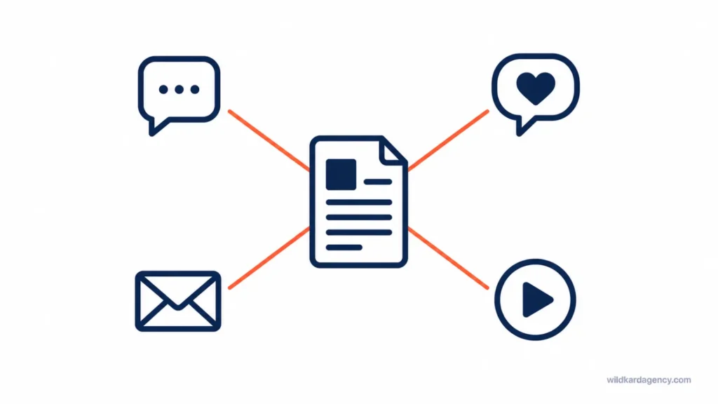 One blog post repurposed into social, email, and video content shown as a hub and spoke diagram