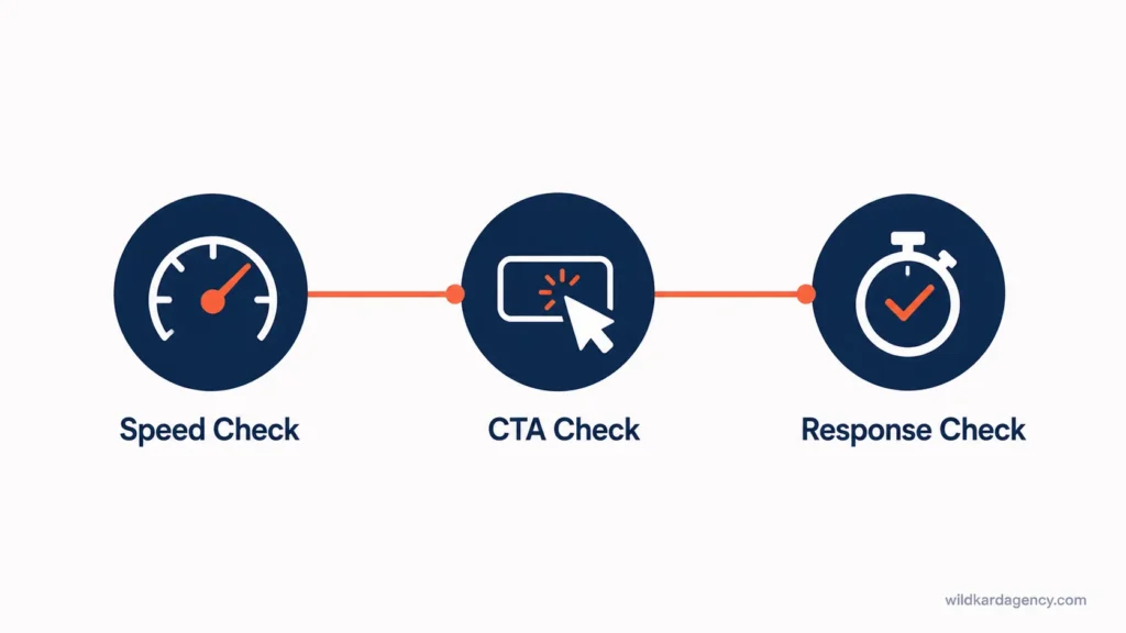 Three quick steps to increase website enquiries: speed check, call to action check, and response time check