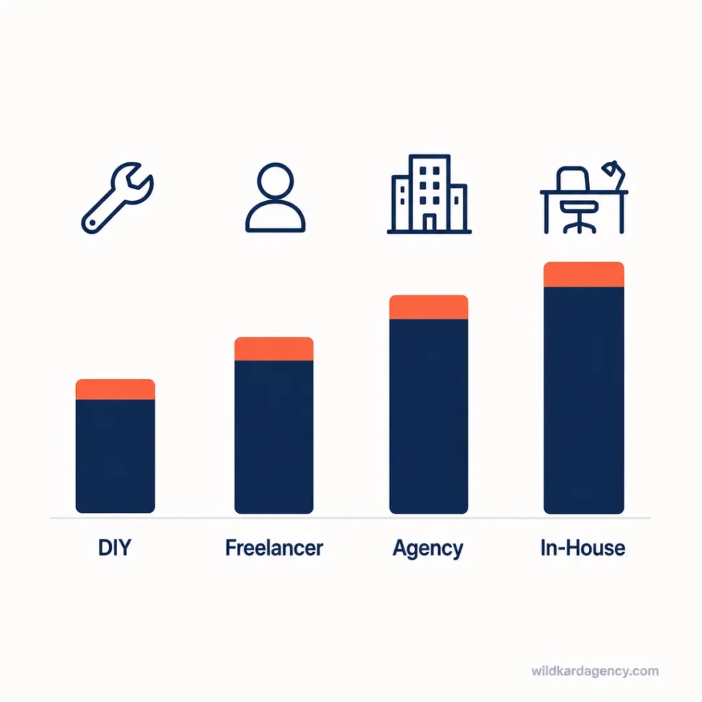 SEO cost for small business shown across four tiers: DIY, freelancer, agency, and in-house