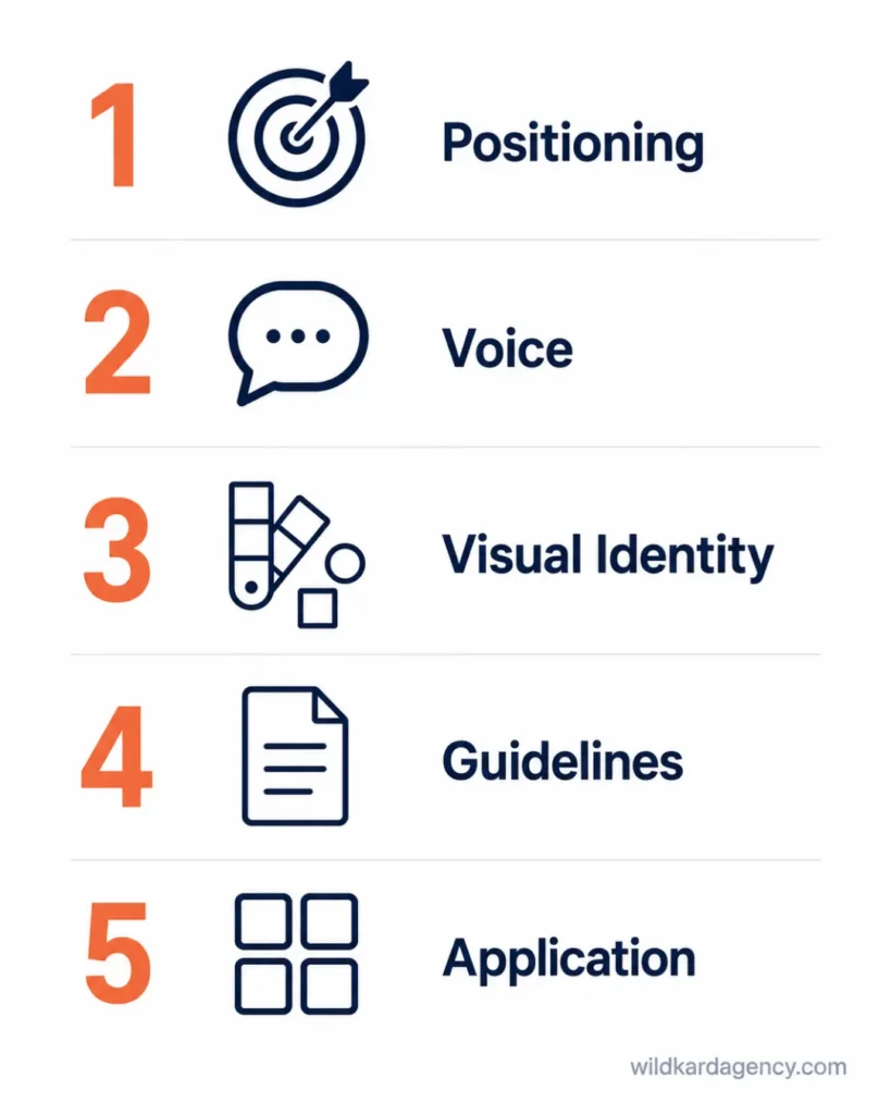 Five-part brand identity system checklist covering positioning, voice, visual identity, guidelines, and application