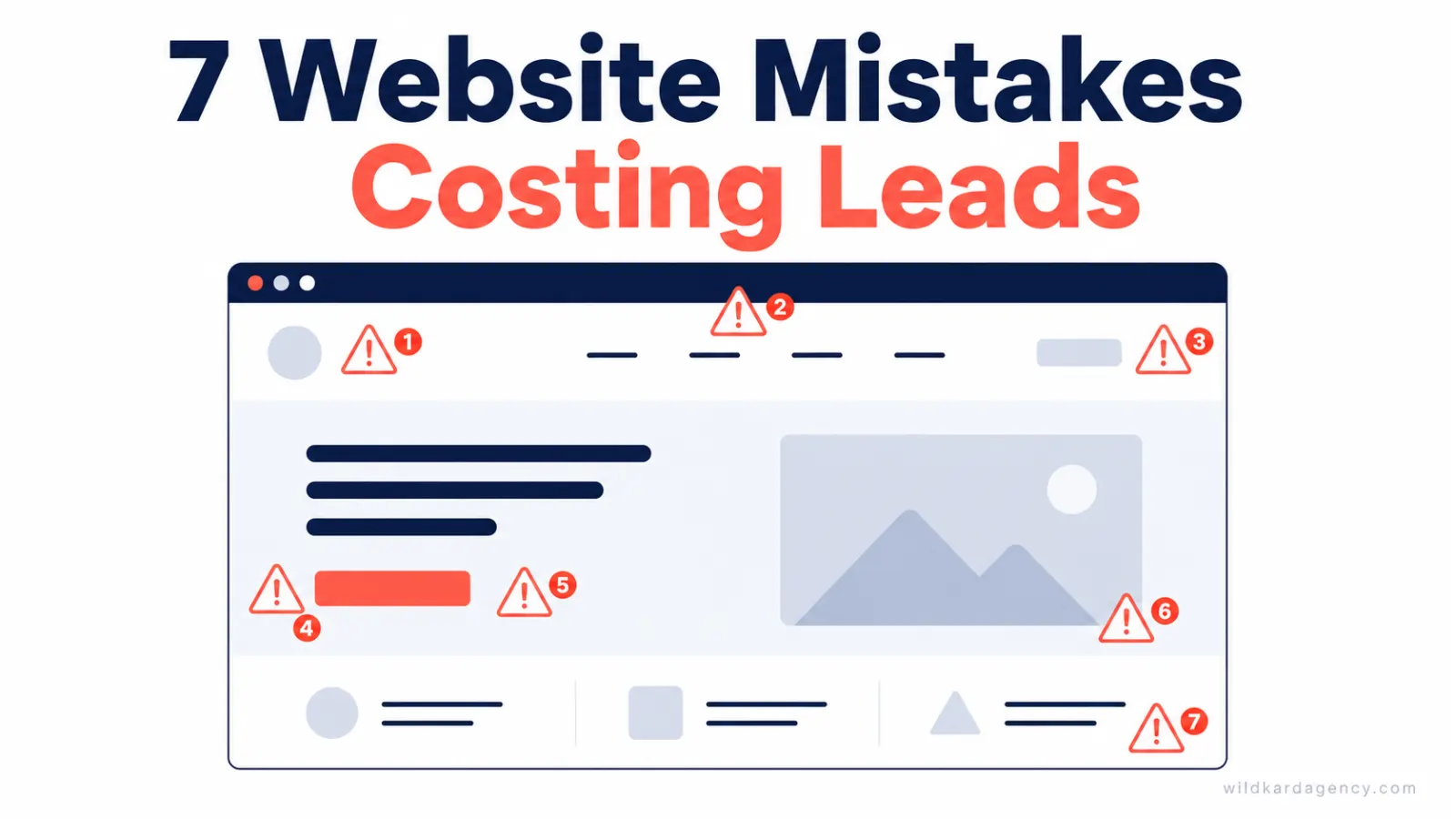 Website wireframe with seven numbered warning icons marking common lead-losing mistakes