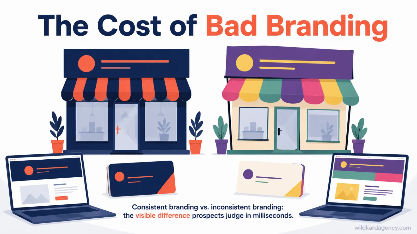 Two business signs side by side, one consistent and one mismatched, illustrating the cost of bad branding