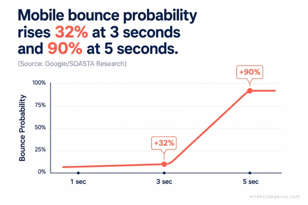 Chart showing bounce rate probability rising sharply as page load time increases past 3 seconds