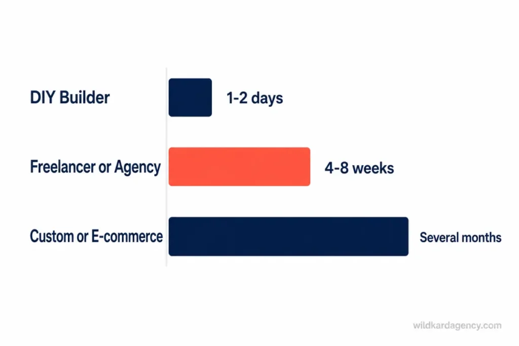 Range bar chart comparing website build timelines for DIY, freelancer or agency, and custom builds