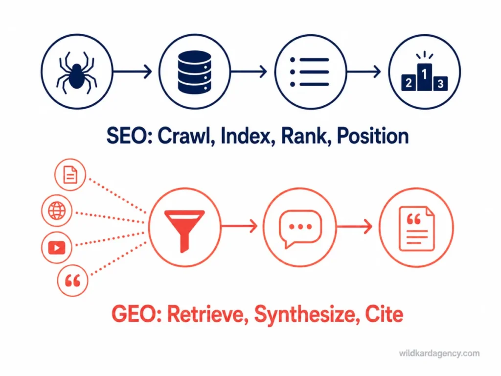 Diagram comparing the SEO pipeline of crawl, index, and rank against the GEO pipeline of retrieve, synthesize, and cite