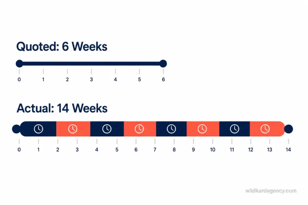 Comparison of a quoted six-week timeline against an actual fourteen-week timeline stretched by delays