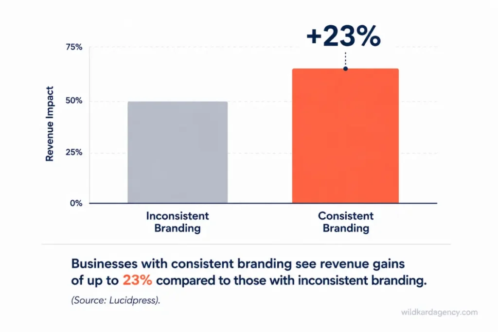 Bar chart showing a 23% revenue gap between consistent and inconsistent branding
