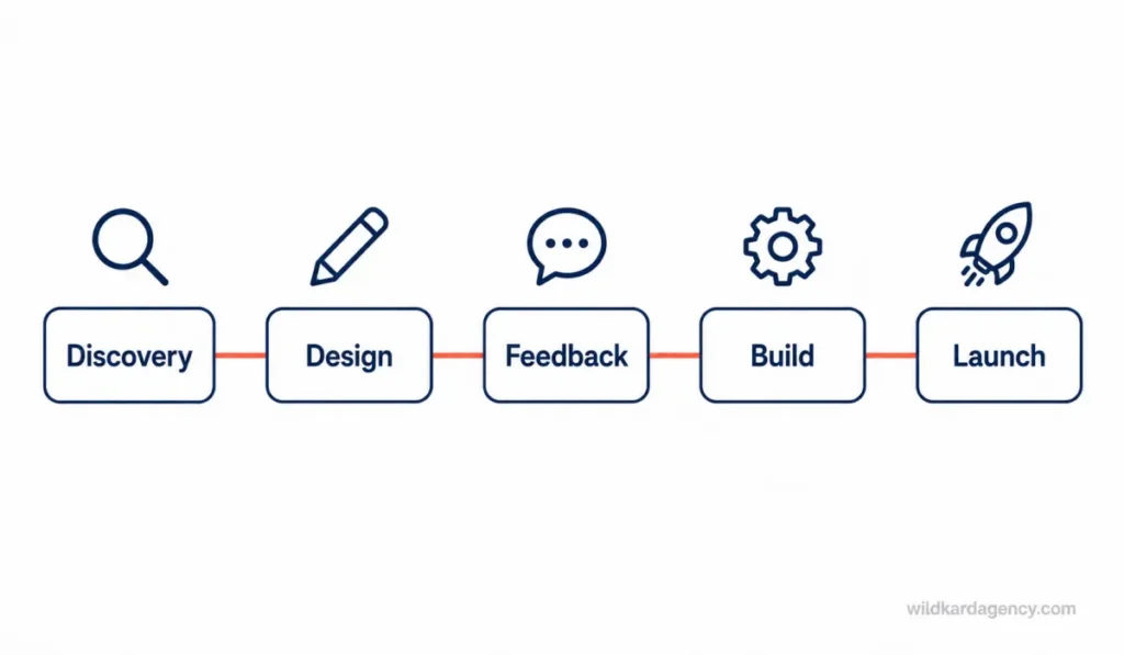 Five-step process diagram: discovery, design, feedback, build, and launch