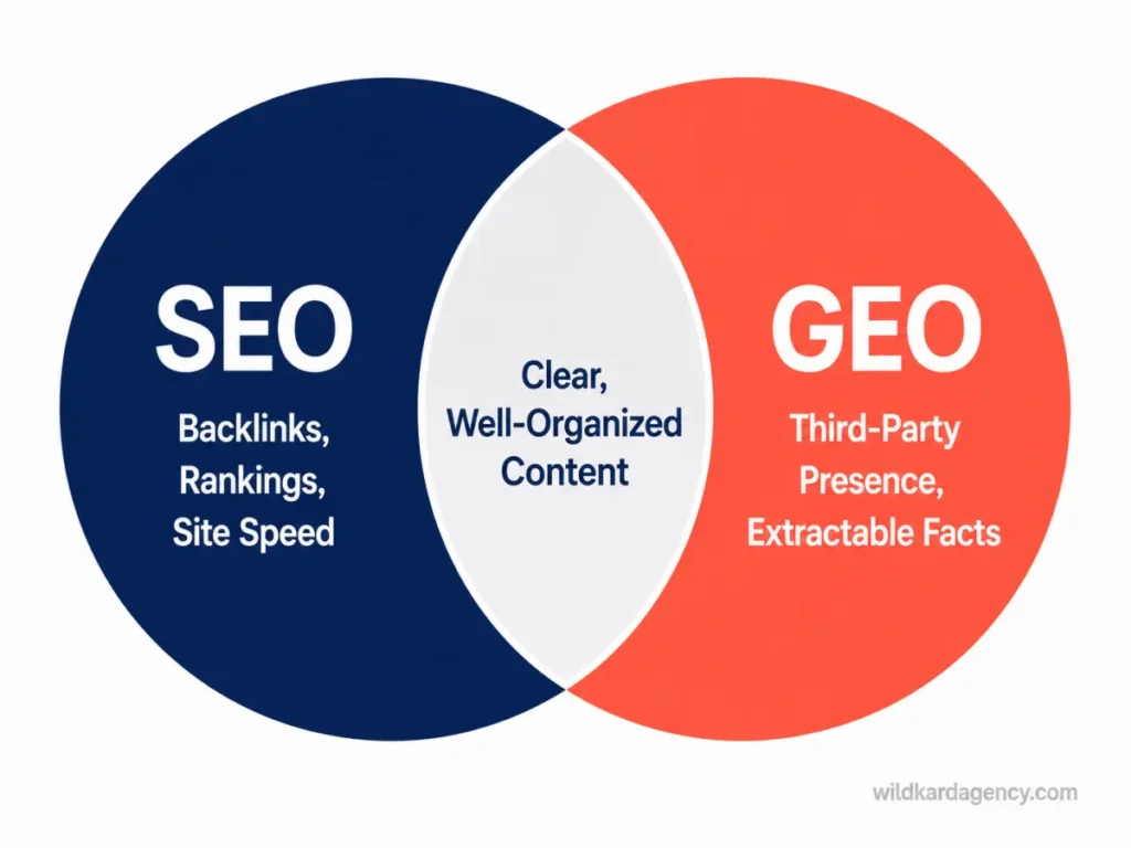 Venn diagram showing where SEO and GEO overlap around clear content, and where each diverges