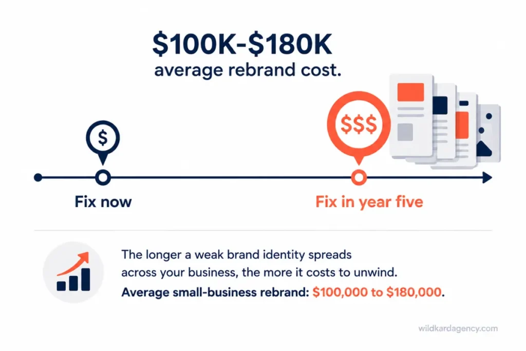 Timeline comparing the cost of fixing weak branding now versus waiting five years to rebrand