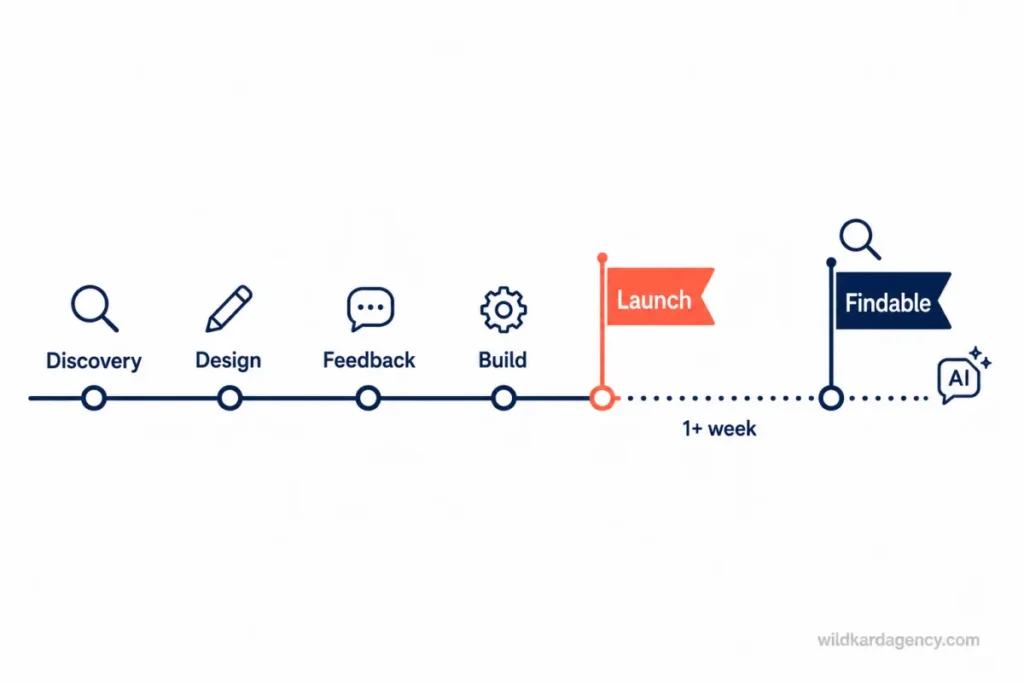 Timeline showing a gap between a website launch milestone and a later findability milestone for search and AI