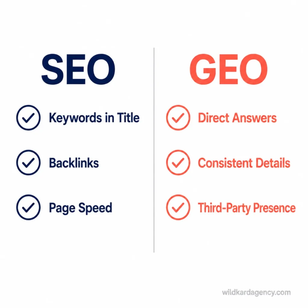 Two-column checklist comparing SEO tasks and GEO tasks side by side