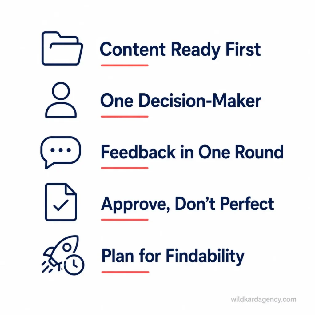 Five-icon checklist of ways to speed up a website project timeline