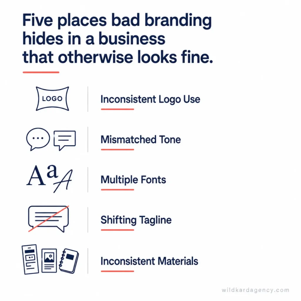 Five-icon checklist showing common signs of inconsistent branding