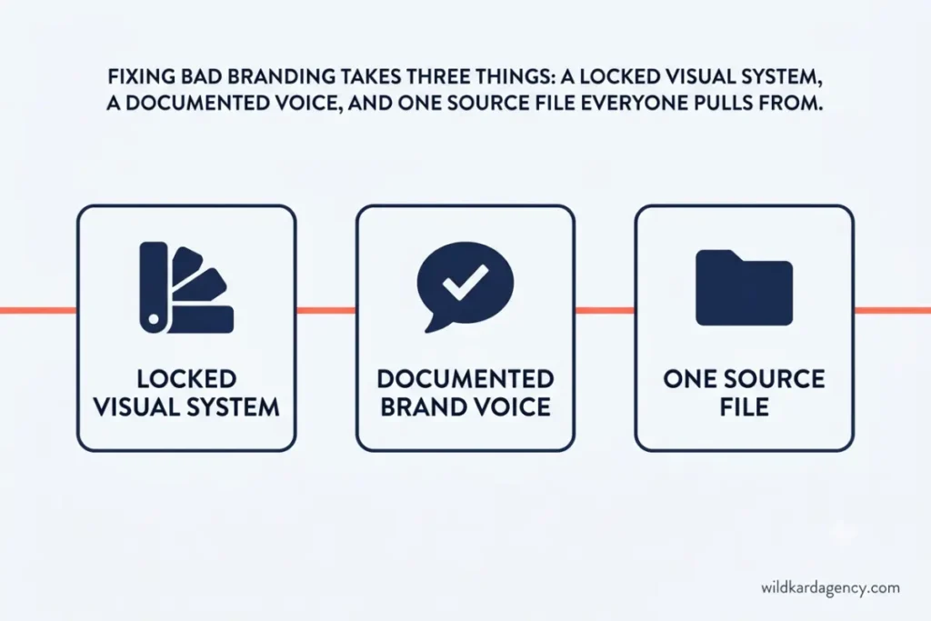 Three-step visual showing a locked visual system, documented brand voice, and single source file