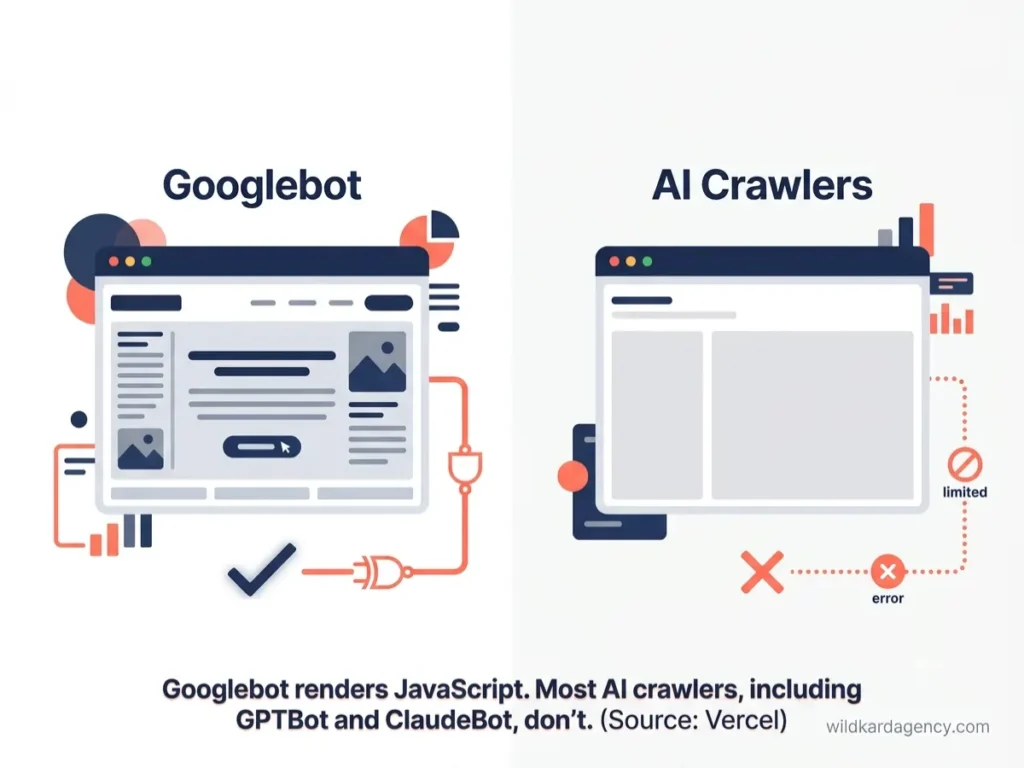 Split illustration showing Googlebot seeing a full rendered page while AI crawlers see a blank page