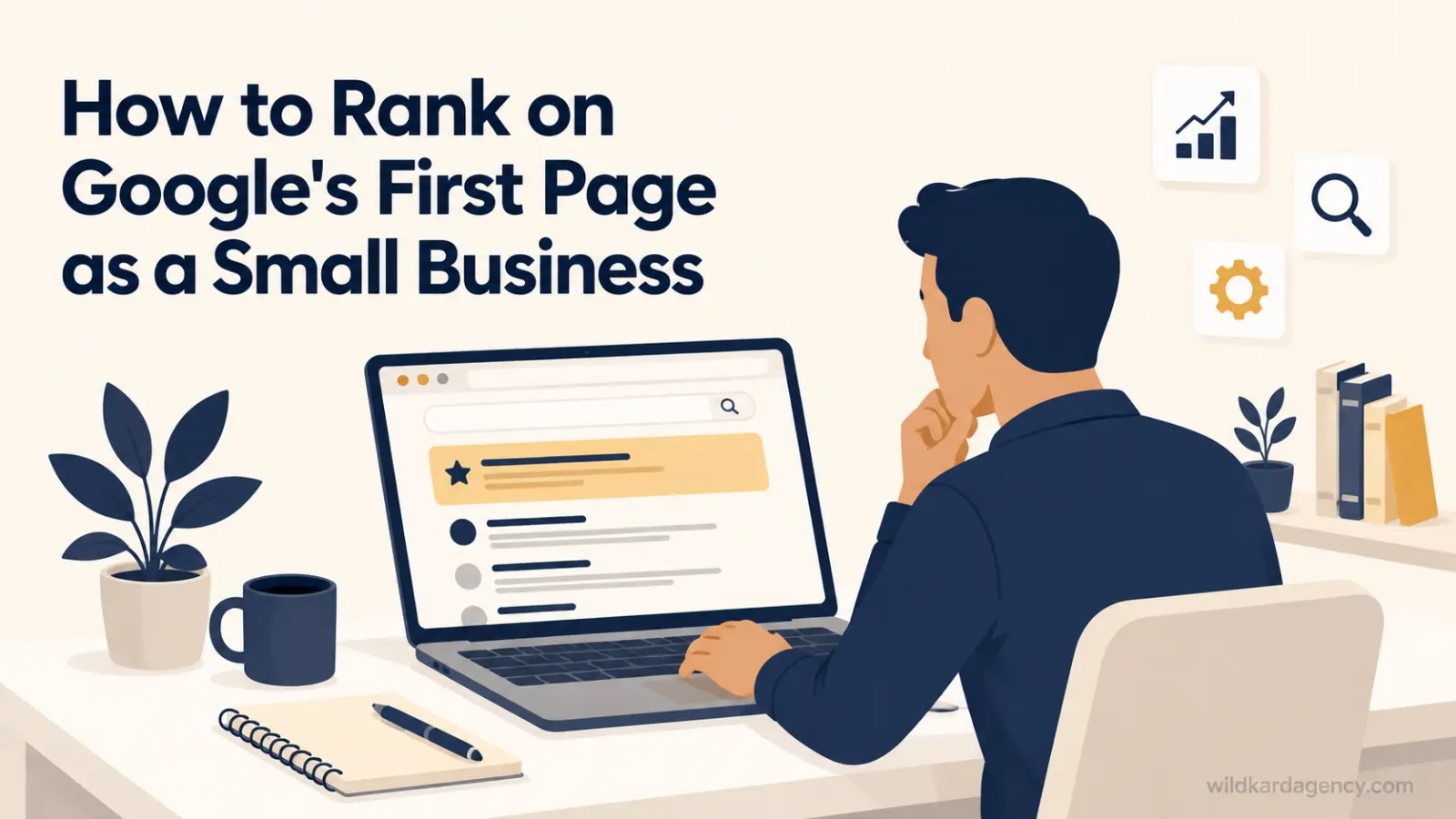 Small business owner reviewing search results, illustrating how to rank on Google's first page as a small business