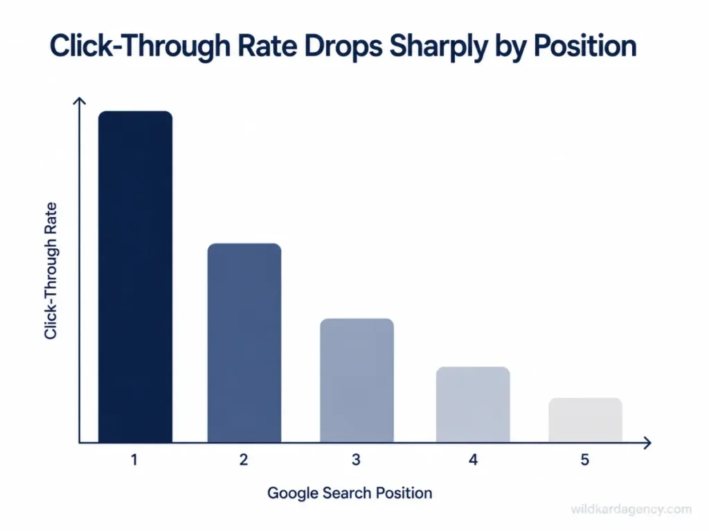 Bar chart showing Google organic click-through rate declining sharply by search position