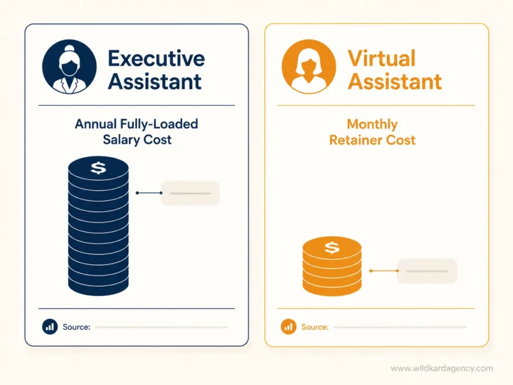 Cost comparison chart, executive assistant salary versus virtual assistant monthly cost
