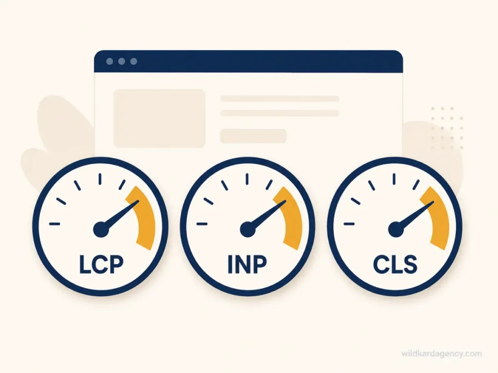 Illustrated dashboard showing the three Core Web Vitals gauges: LCP, INP, and CLS