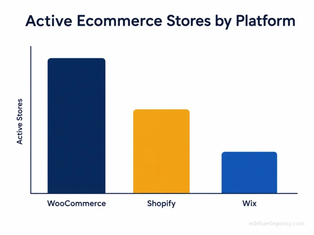 Bar chart comparing active online store counts across WooCommerce, Shopify, and Wix