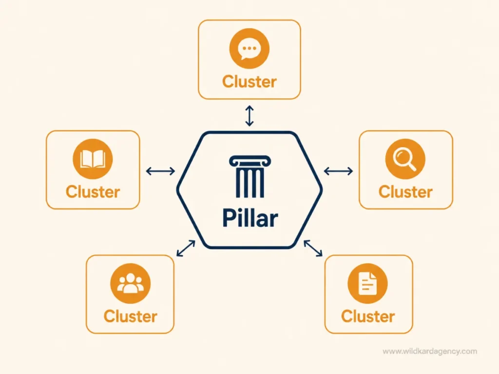 Diagram of a content pillars and clusters model with cluster posts linking back to a central pillar post