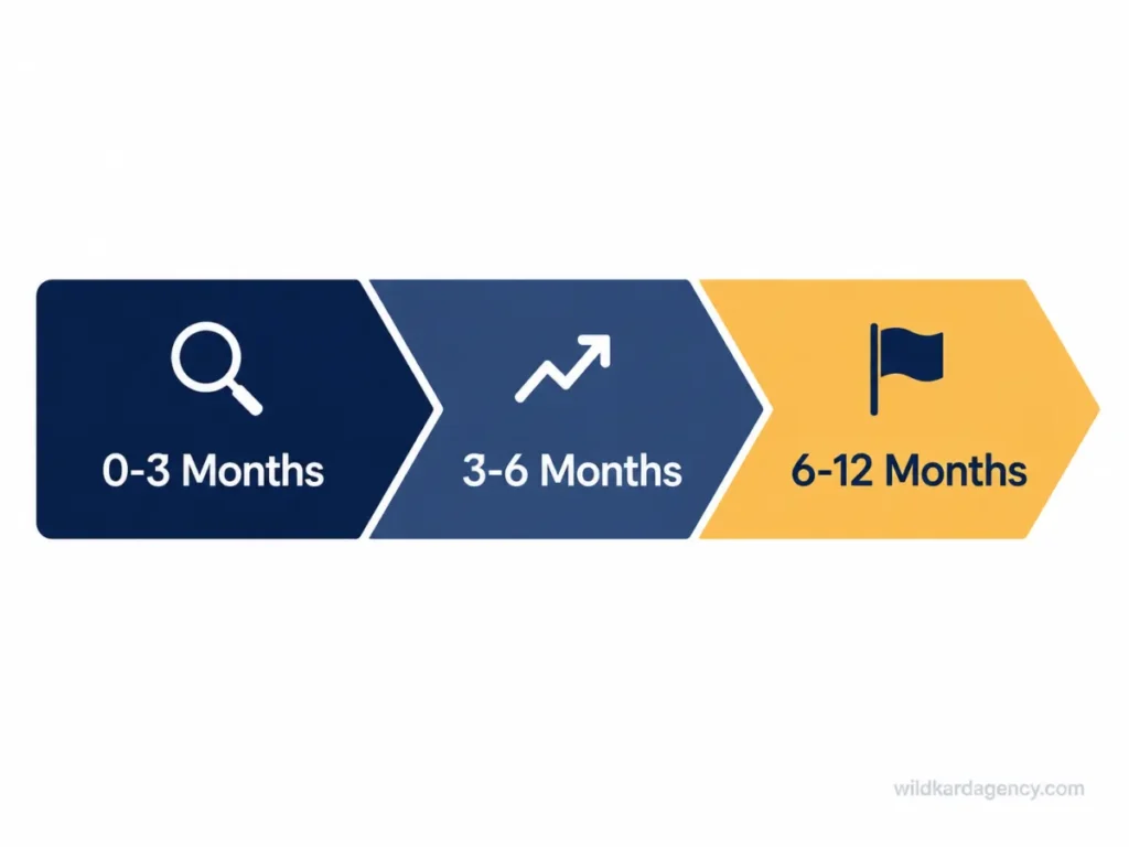 Segmented timeline showing the three phases of small business SEO: 0-3, 3-6, and 6-12 months