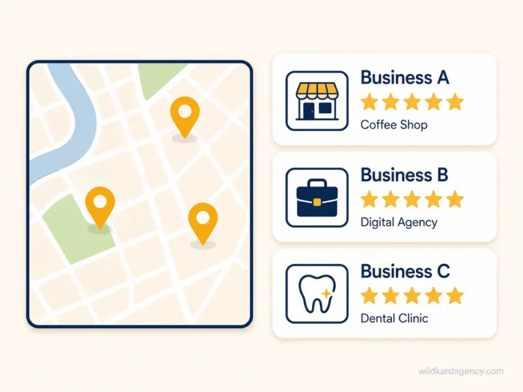 Illustrated mockup of a Google Local Pack showing three map-linked business listings