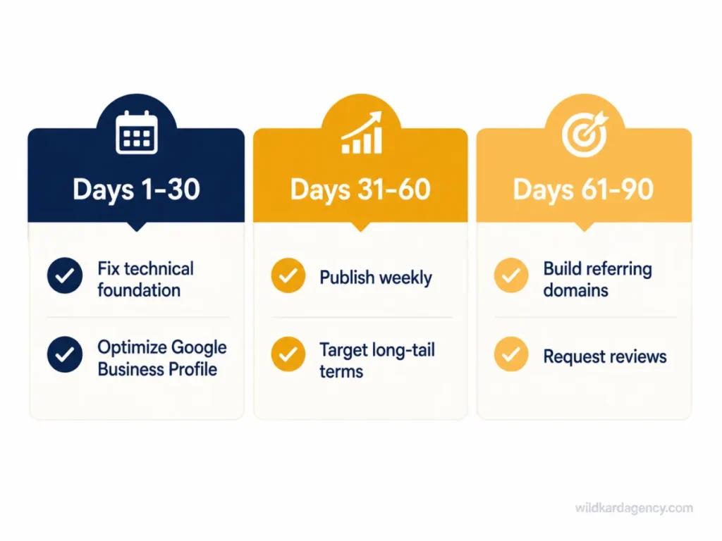 Checklist infographic outlining a 90-day small business SEO plan across three phases