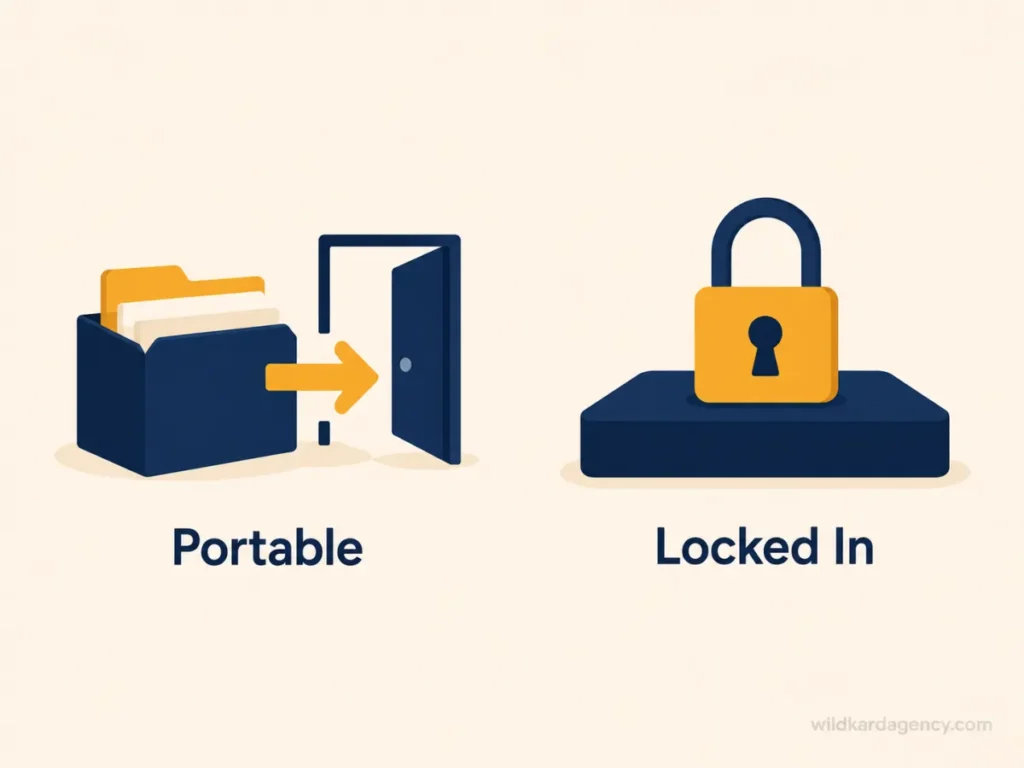 Illustration contrasting portable website data ownership against a locked-in hosted platform
