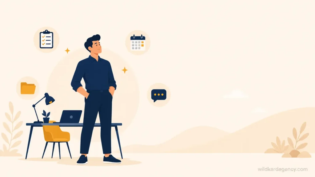 Illustration of a business owner with reclaimed capacity, closing visual for the guide on delegating to a virtual assistant