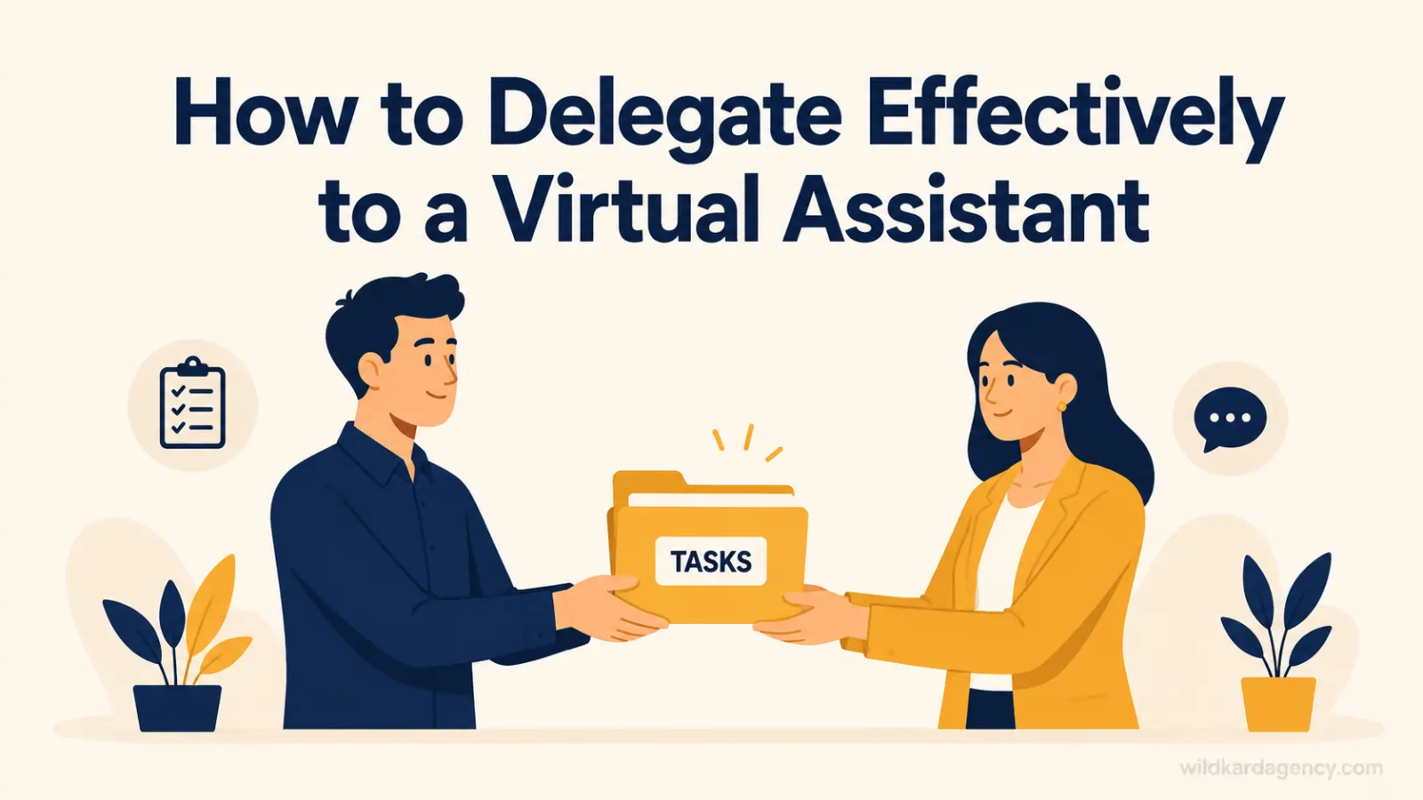 Business owner handing off a task to a virtual assistant, illustrating how to delegate to a virtual assistant
