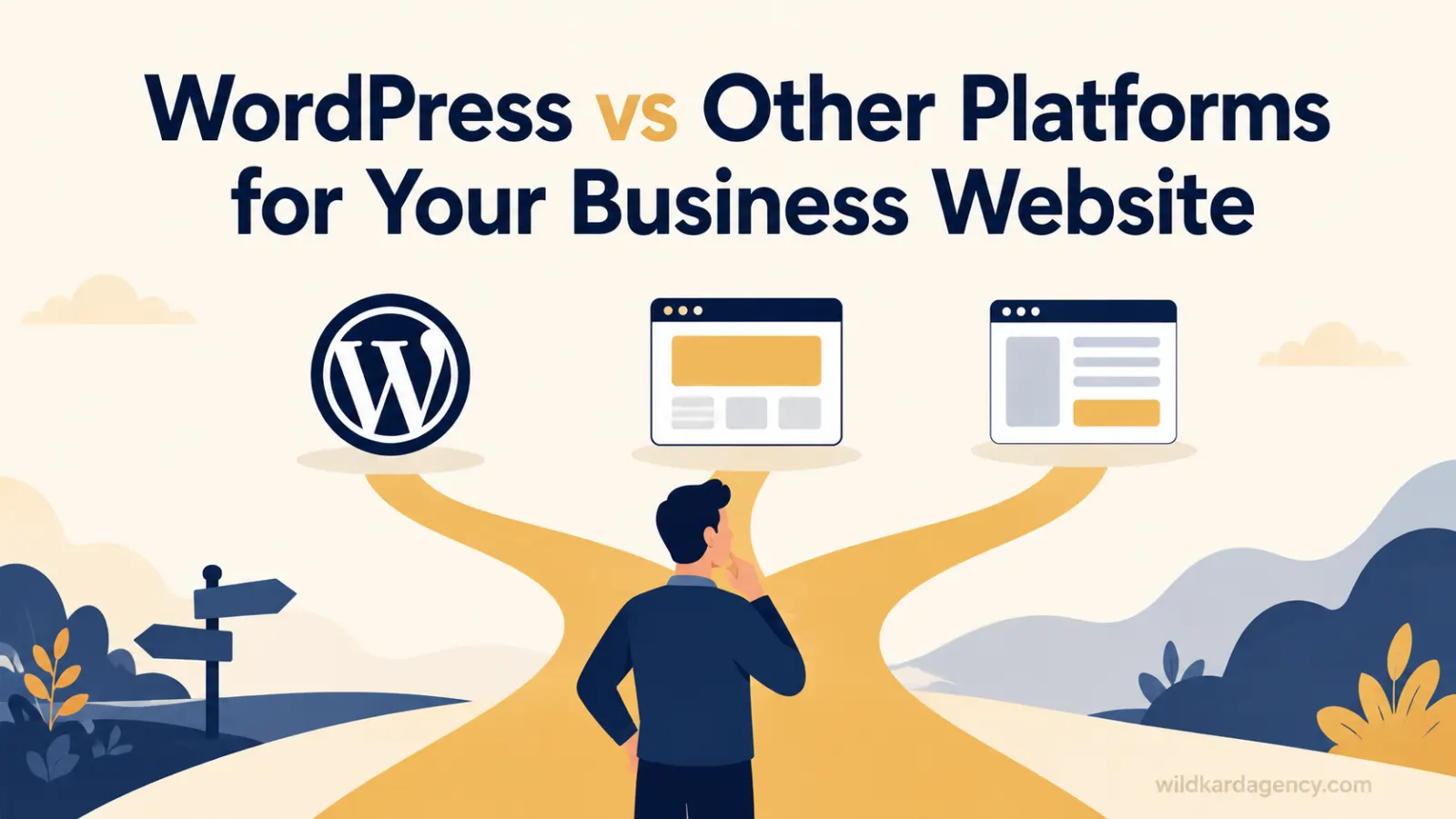 Small business owner weighing WordPress vs other platforms for a business website at a decision point