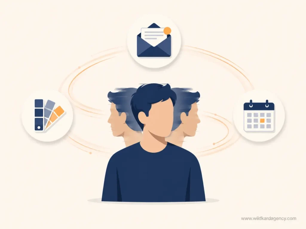  illustration of a business owner's attention fragmented across multiple tasks